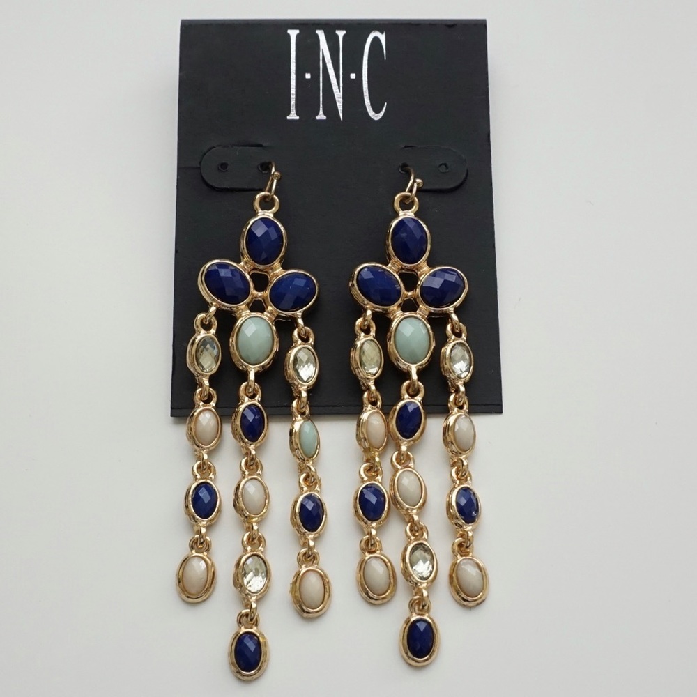 🆕 INC Earrings Gold Tone with Stones blue, green, - Picture 1 of 4